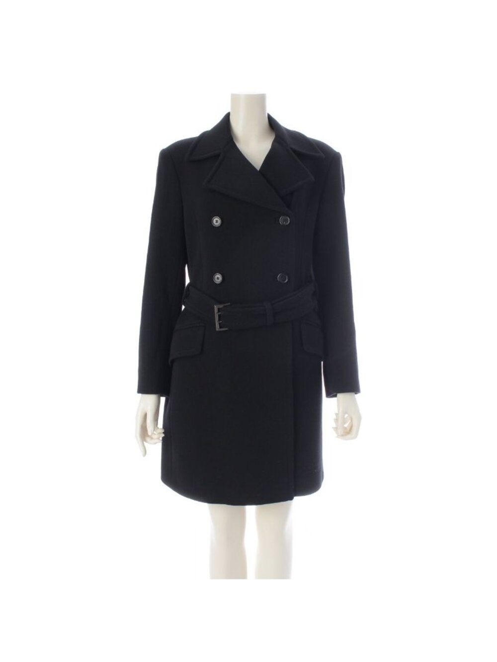 Prada Archives Double Breasted Wool Rayon Long Belted Coat Dark Navy Black 42